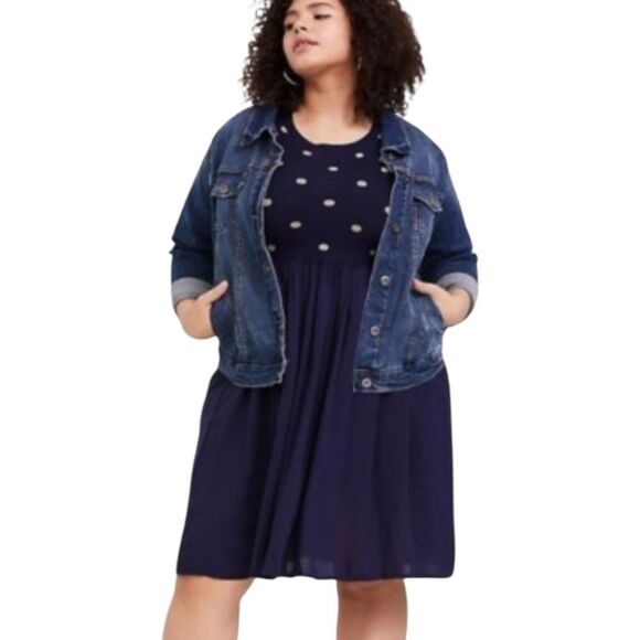 Torrid Mini Challis Skater Gold Polka Dot Navy Blue Sweater Dress Preppy Fall - Picture 14 of 16